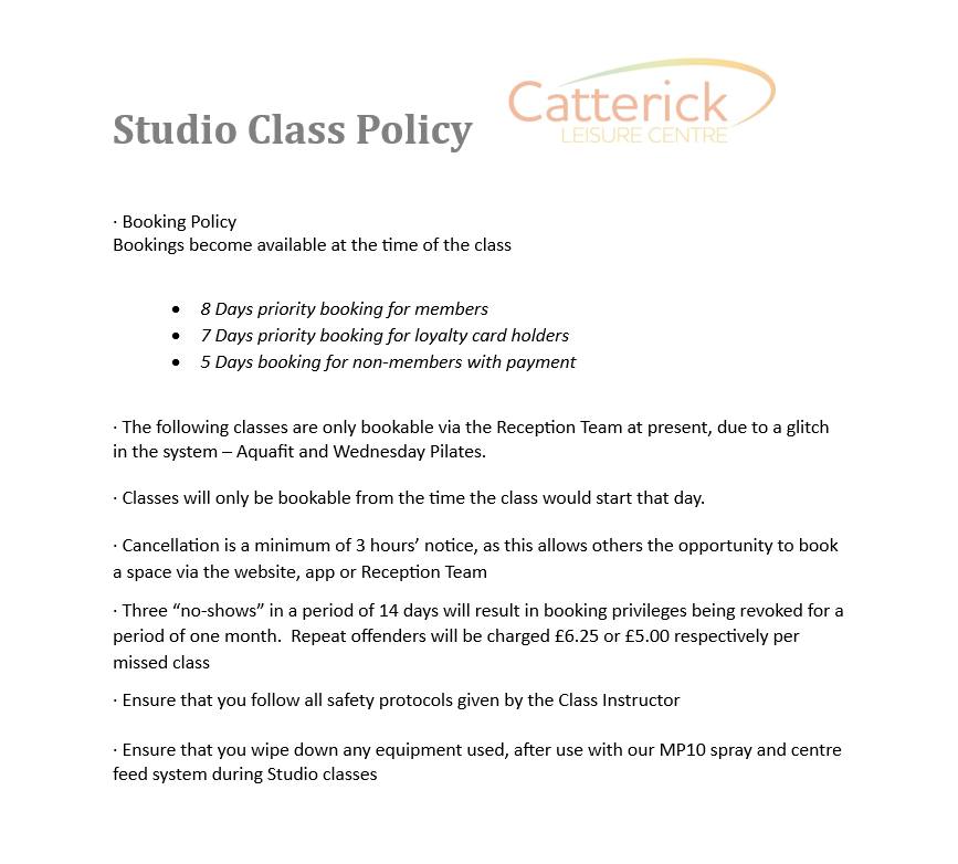 Studio Class Booking Policy - Catterick Leisure Centre
